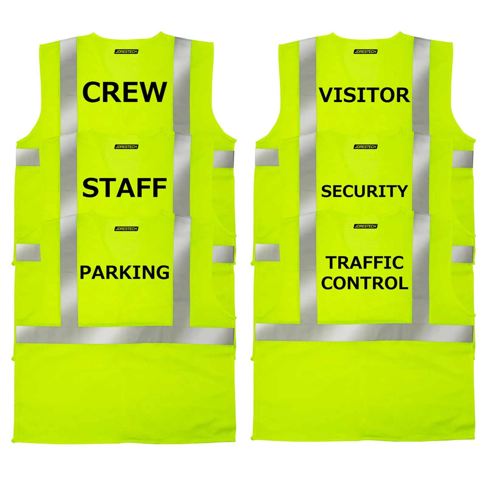 6 chalecos de seguridad JORESTECH amarillo lima impresos con texto y logotipo. Los impresos dicen: traffic control, security, visitor, parking, staff y crew