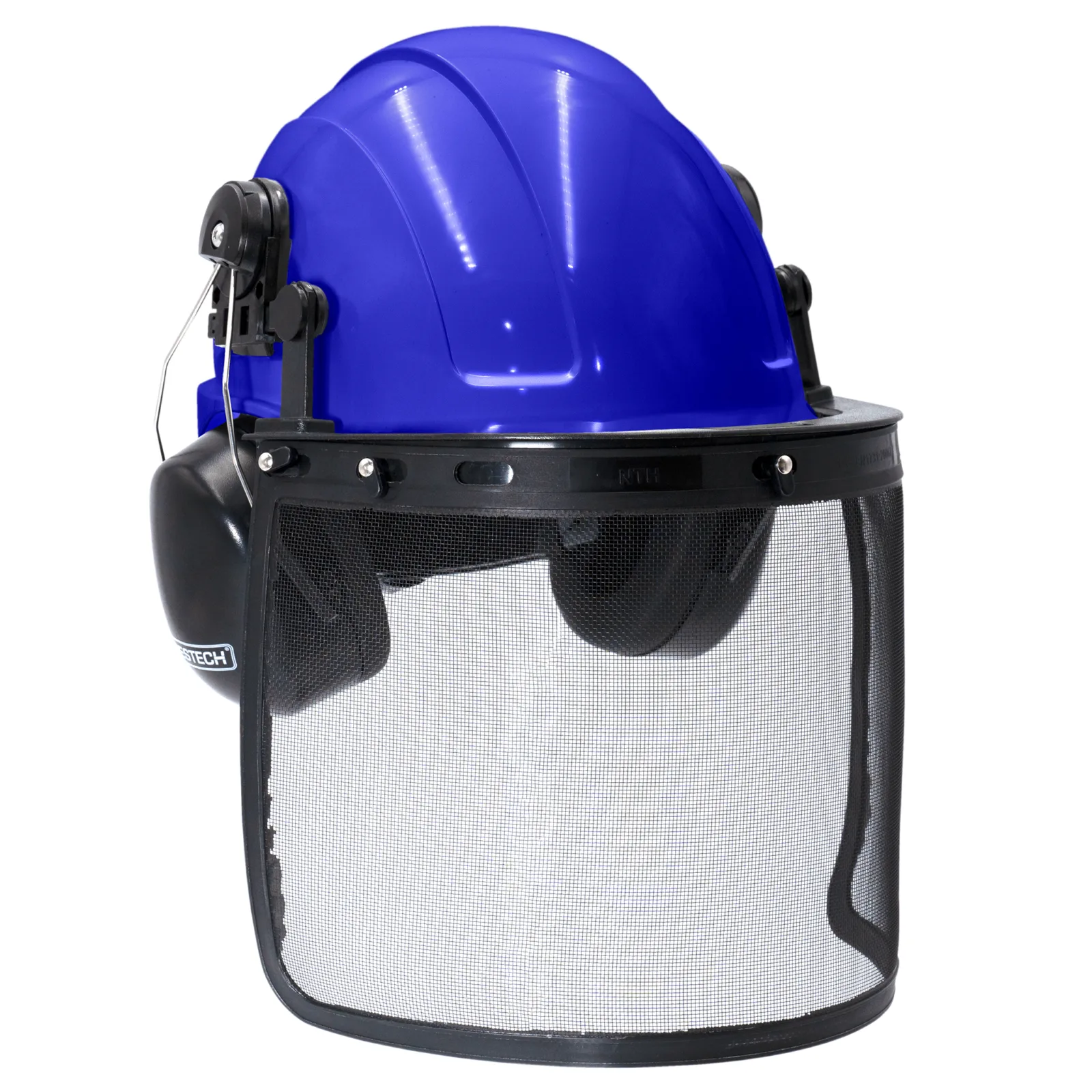 Casco de seguridad tipo gorra azul con pantalla facial de malla de hierro y orejeras para protección auditiva