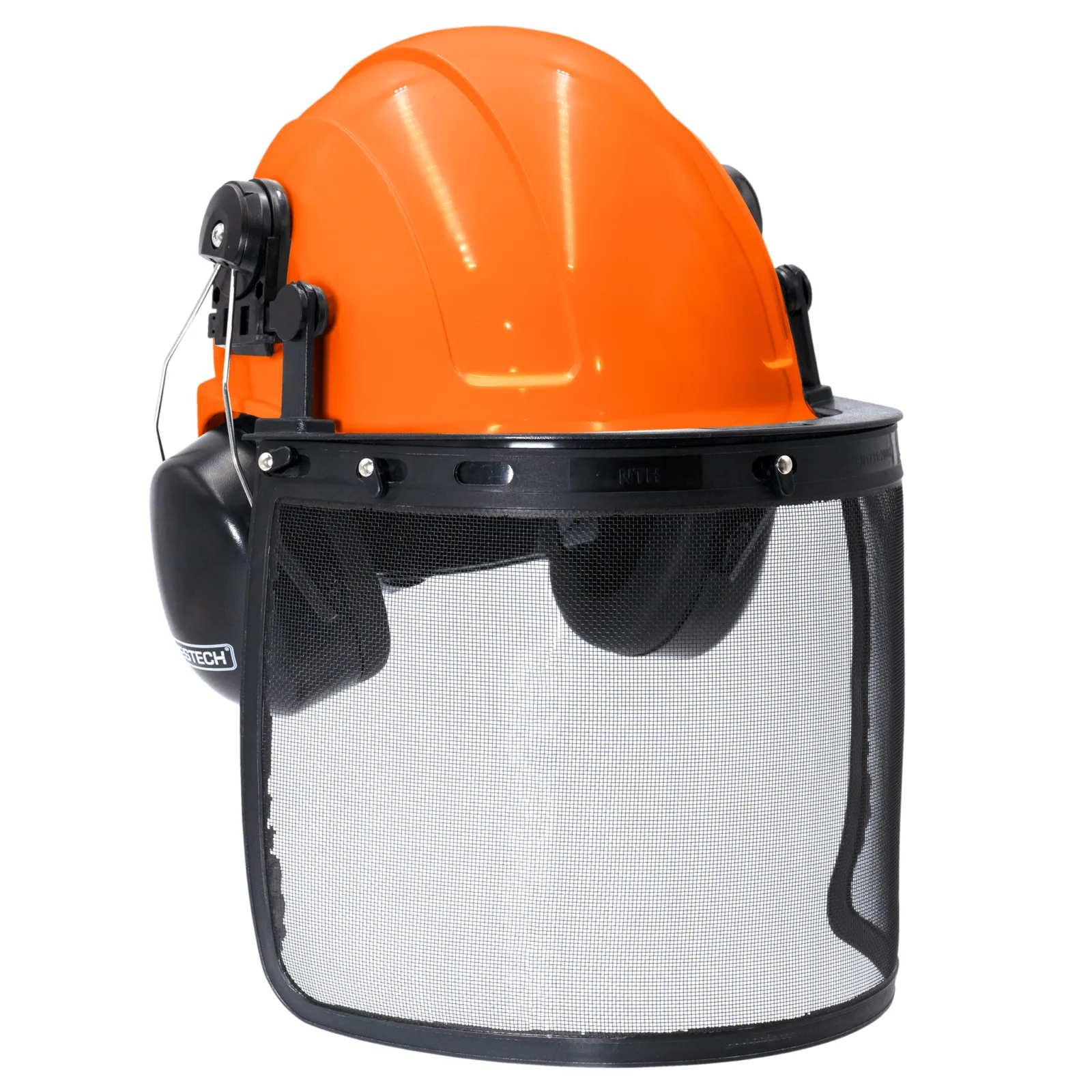 Casco de seguridad estilo gorra naranja con pantalla facial de malla de hierro y orejeras para protección auditiva