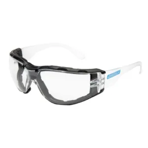 Vista diagonal de las gafas de seguridad transparentes JORESTECH para protección de alto impacto con una junta de espuma negra