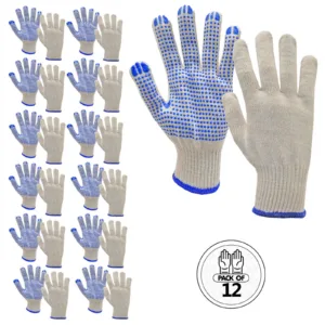 12 pares de guantes de punto de seguridad multiusos JORESTECH blancos con puntos de PVC azules en la palma