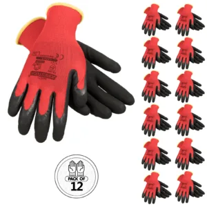 Pack de 12 guantes de seguridad para trabajo rojos y negros con palmas recubiertas de látex