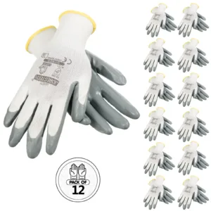 12 pares de guantes de trabajo de seguridad blancos y grises con palmas recubiertas de nitrilo
