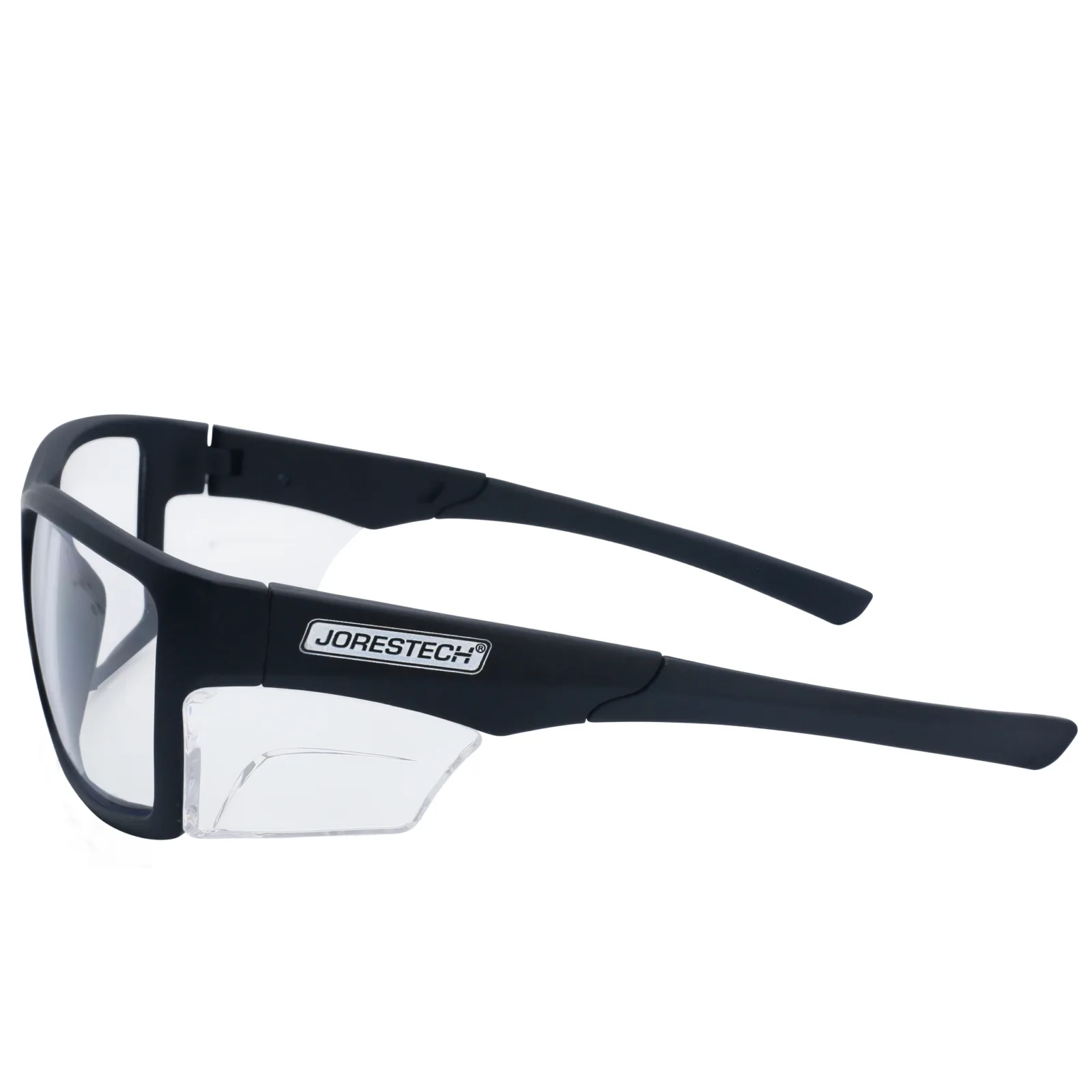 La imagen muestra una vista lateral de unas gafas de seguridad JORESTECH con protector lateral transparente para protección contra impactos fuertes. Estas gafas de seguridad con protectores laterales transparentes cumplen con ANSI y tienen montura negra y lentes de policarbonato transparente. El fondo de la imagen es blanco