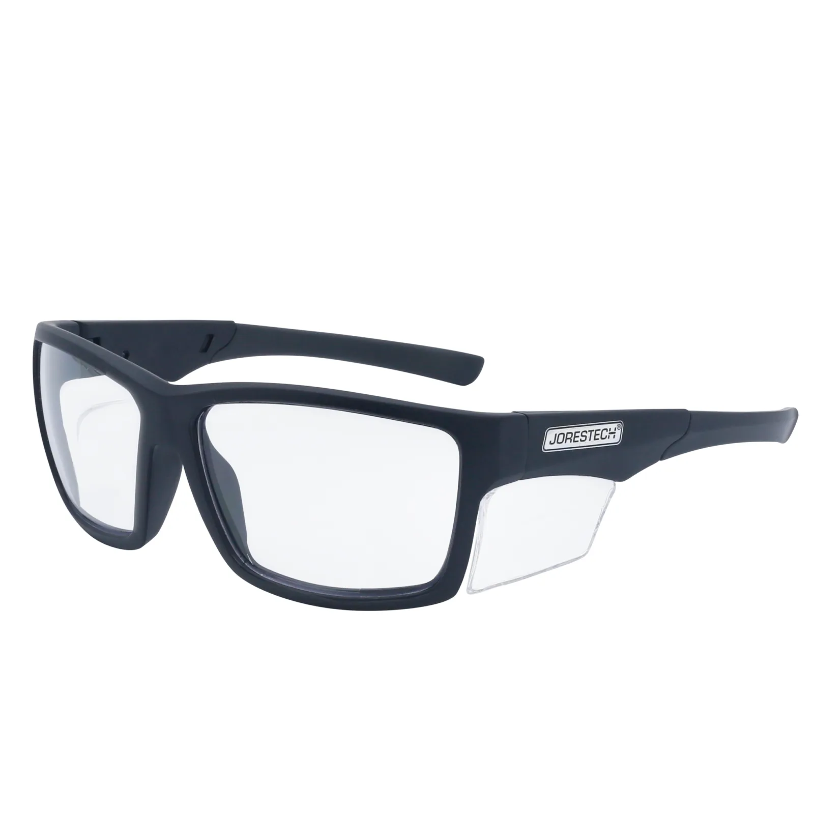 La imagen muestra una vista diagonal de unas gafas de seguridad transparentes JORESTECH con protector lateral transparente para protección contra impactos fuertes. Estas gafas de seguridad cumplen con la norma ANSI y tienen montura negra y lentes transparentes de policarbonato. El fondo de la imagen es blanco