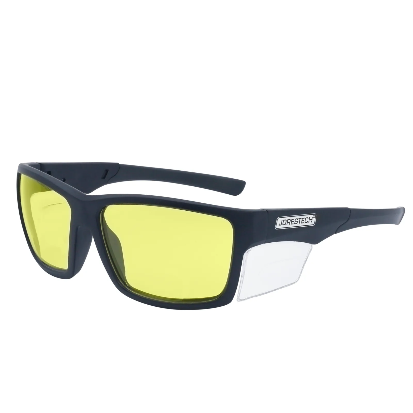 La imagen muestra una vista diagonal de unas gafas de seguridad JORESTECH de color amarillo con protección lateral transparente para protección contra impactos fuertes. Estas gafas de seguridad cumplen con la norma ANSI y tienen montura negra y lentes de policarbonato amarillas. El fondo de la imagen es blanco