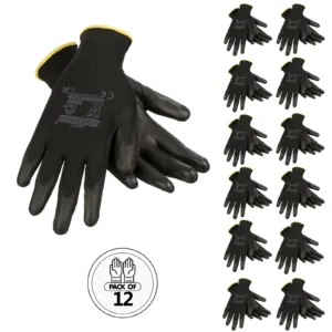 Paquete de 12 pares de guantes de trabajo de seguridad delgados con palma recubierta de poliuretano