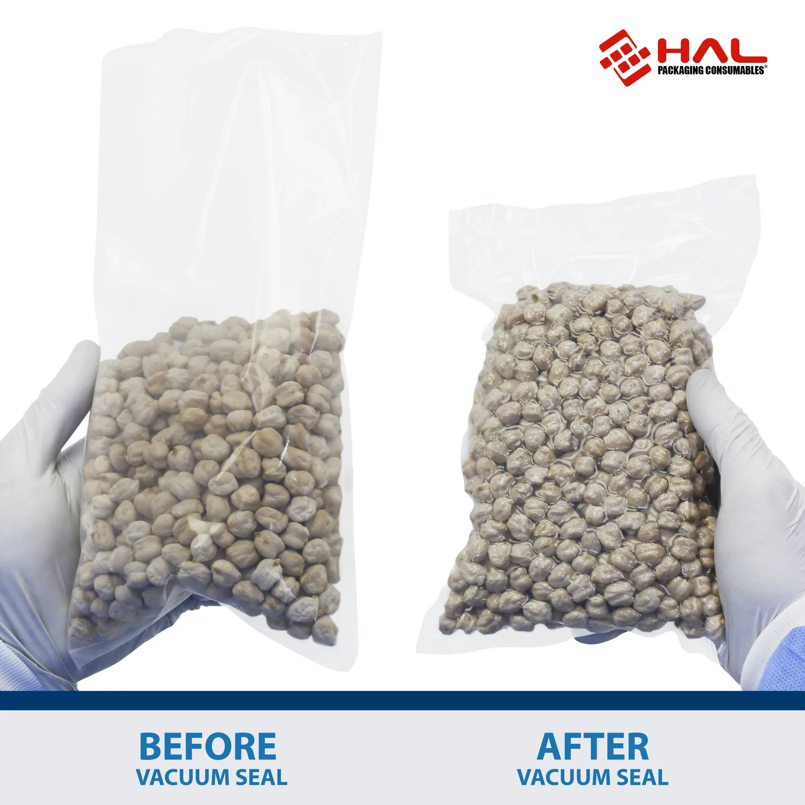 La imagen muestra las manos de una persona que enseña el antes y el después de una bolsa HAL sin sellar con garbanzos en su interior y luego la misma bolsa sellada al vacío.