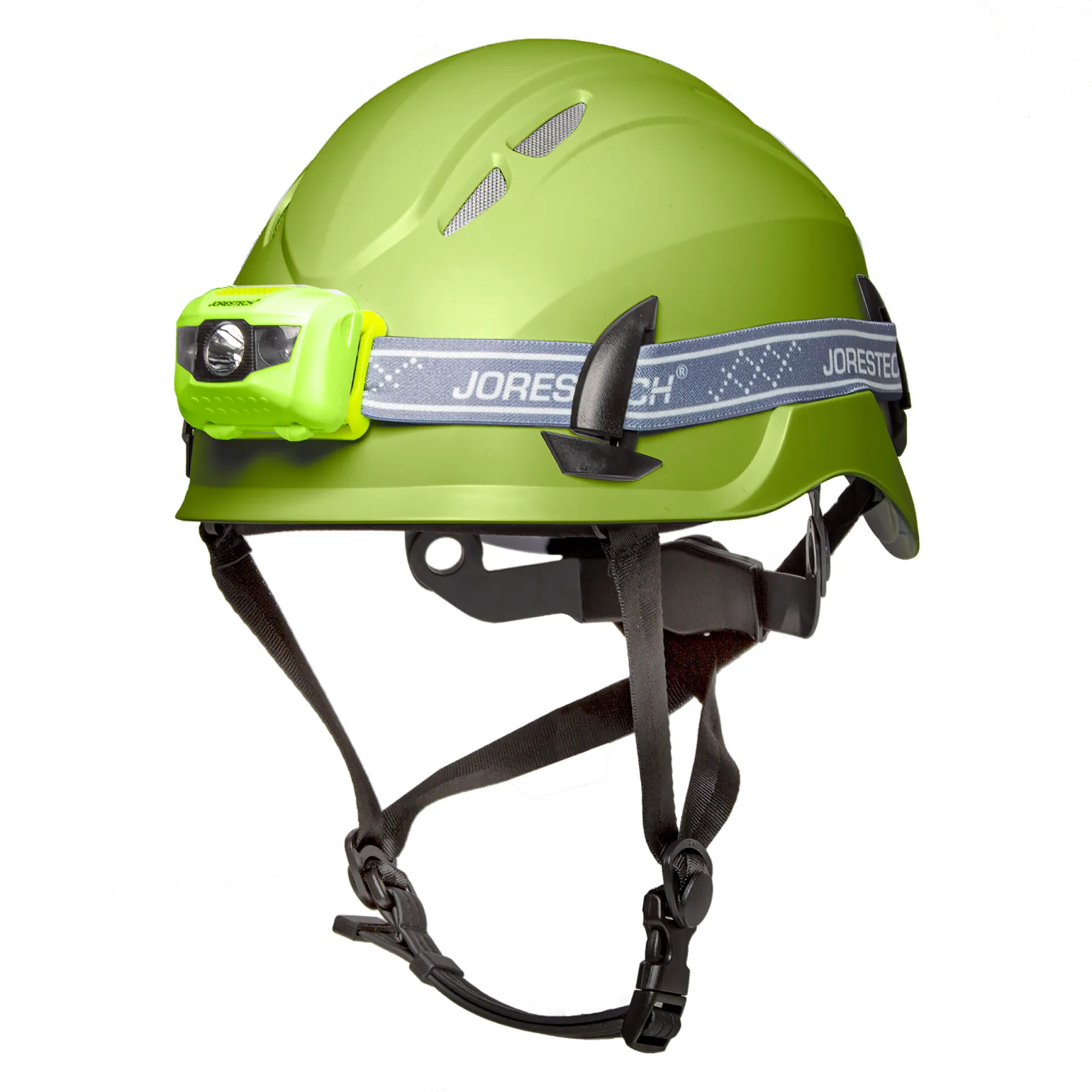 Vista diagonal de un casco de seguridad JORESTECH ventilado color lima con correa para la barbilla y un kit de linterna frontal resistente al agua color lima