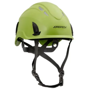 Vista diagonal del casco de seguridad JORESTECH® ventilado para trabajos en altura, color lima/verde, con rejilla antintrusión y suspensión ajustable de 4 puntos con barboquejo